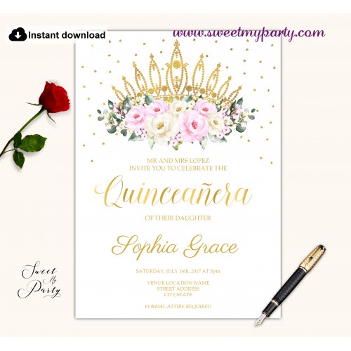 Cream pink roses Quinceanera invitation printable template, (135)